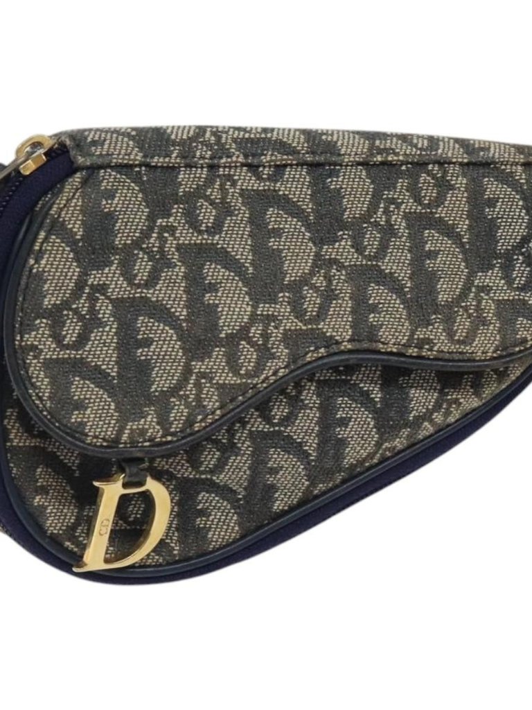 Christian Dior Trotter Canvas Saddle Pouch Navy Gold Auth 120108